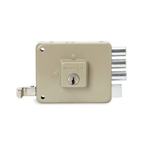Cerradura de sobreponer o caja marca INAFER, de color beige o gris claro, con múltiples pestillos de seguridad extendidos.