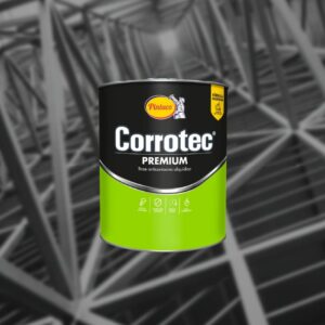Lata de pintura anticorrosiva de la marca Pintuco, Corrotec Premium, con base alquídica, de color negro y verde limón.