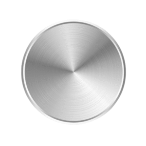 Disco o placa circular de metal con un acabado cepillado concéntrico (rayado radial) que irradia desde el centro.