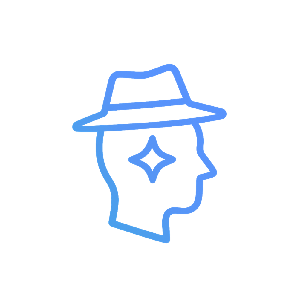 Ícono lineal azul de un perfil de cabeza con sombrero de ala ancha y un brillo o diamante que representa un pensamiento brillante.