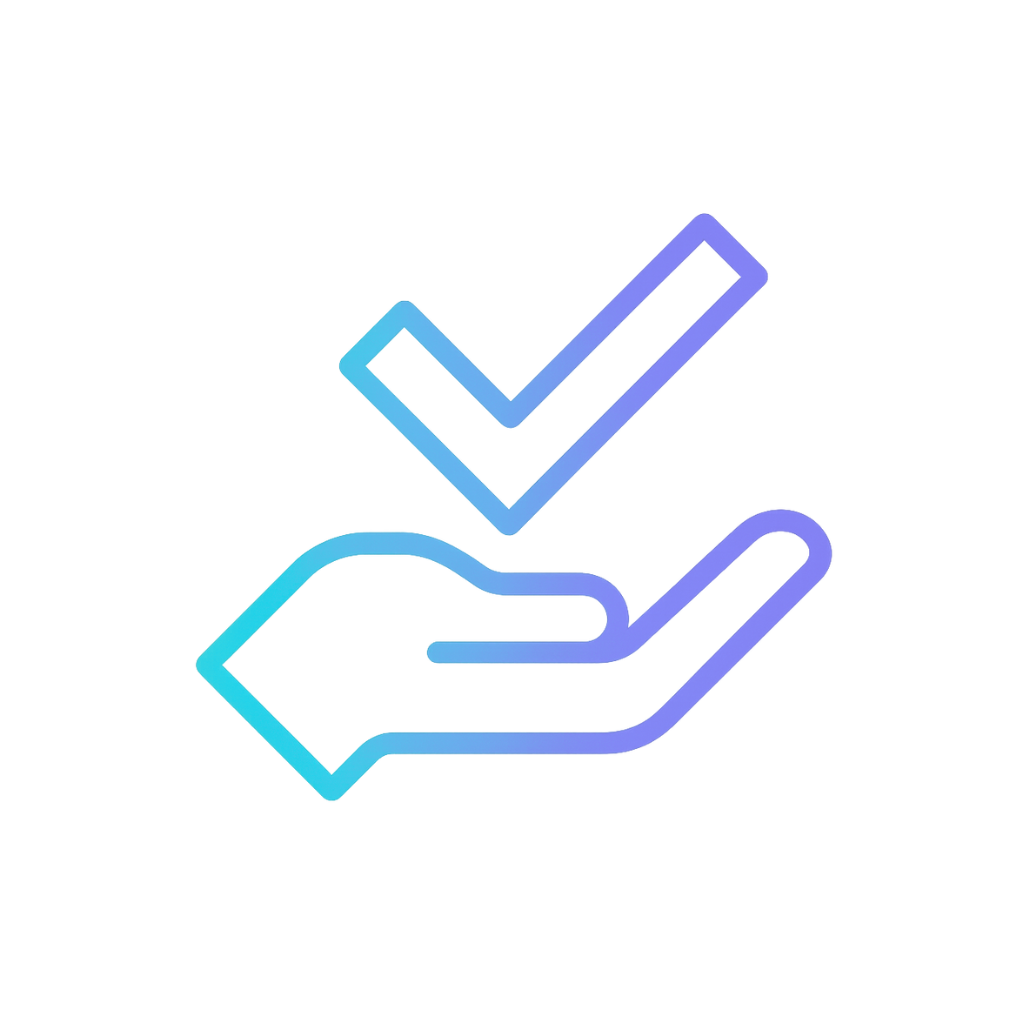 Icono lineal con gradiente azul y púrpura de una mano abierta sosteniendo una marca de verificación o "check".