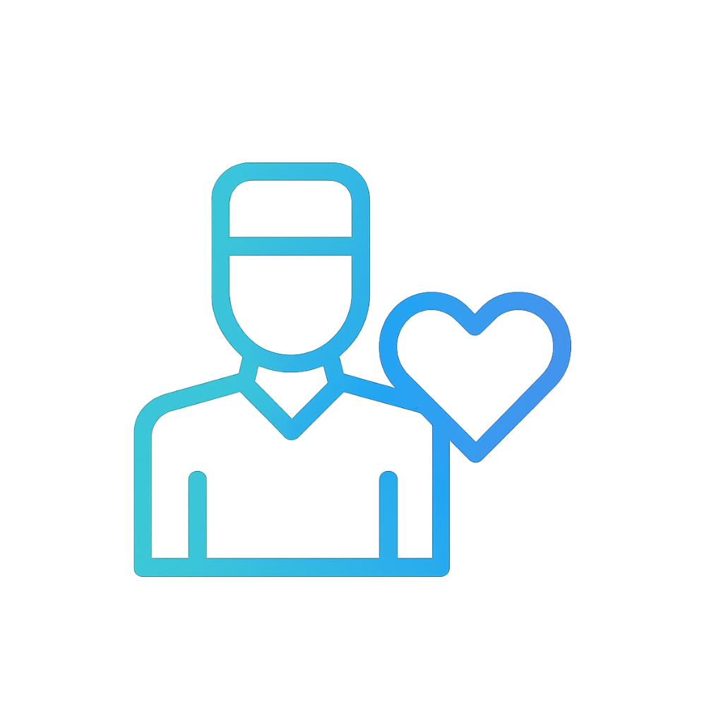 Ícono lineal con gradiente azul de una persona con un gorro o sombrero de trabajo y un corazón al lado.