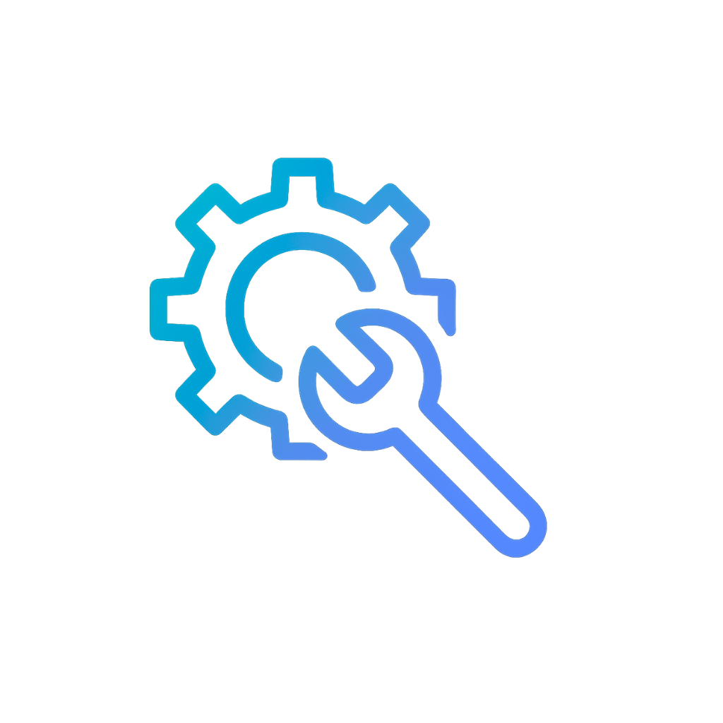 Ícono lineal con gradiente azul de un engranaje y una llave inglesa superpuesta, simbolizando trabajo, configuración o servicio técnico.